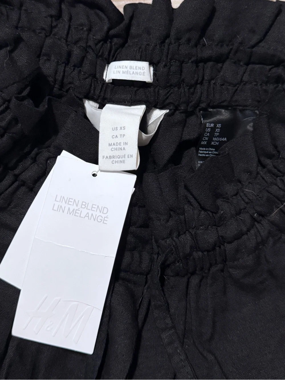 H&M Black High-Waist Paperbag Linen-Blend Pants